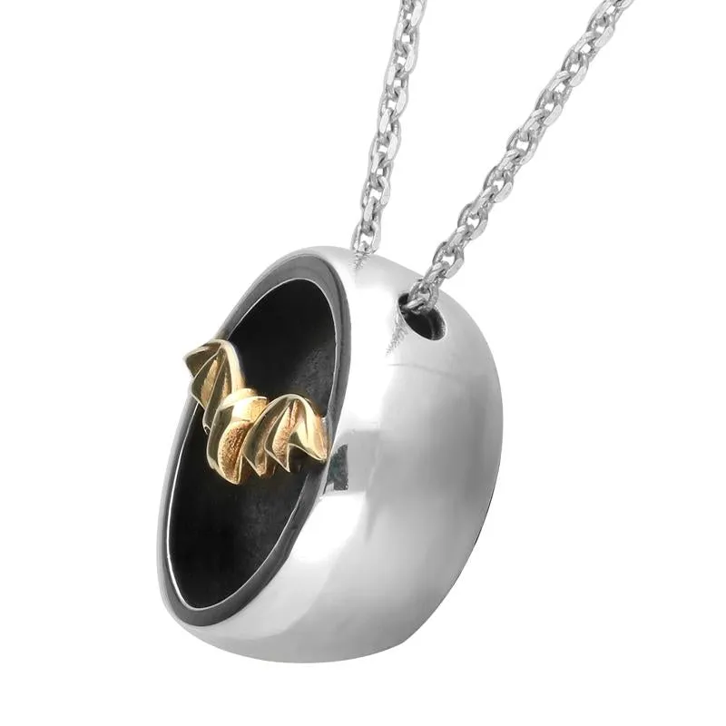 Sterling Silver 9ct Yellow Gold Whitby Jet Round Gothic Bat Necklace