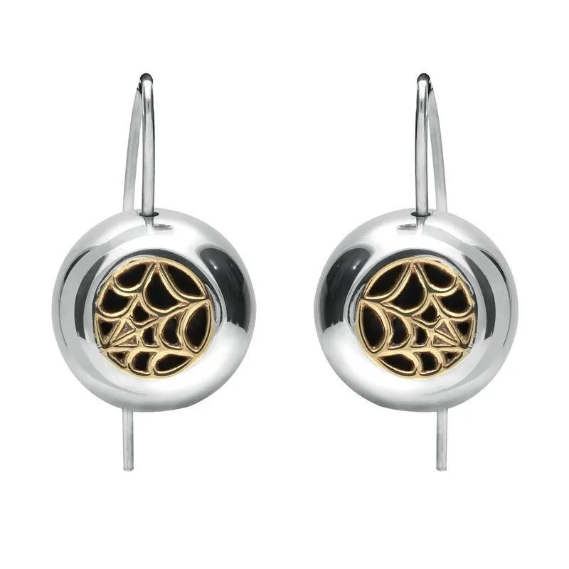 Sterling Silver 9ct Yellow Gold Whitby Jet Spider Web Hook Earrings