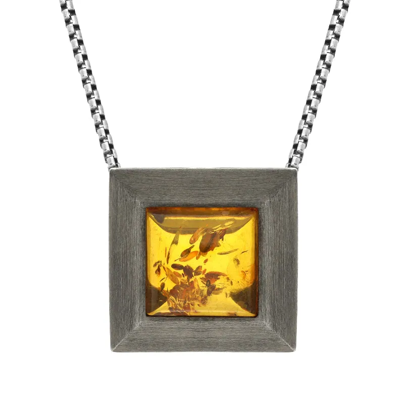 Sterling Silver Amber Black Rhodium Square Necklace D