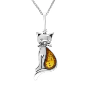 Sterling Silver Amber Cubic Zirconia Cat Necklace