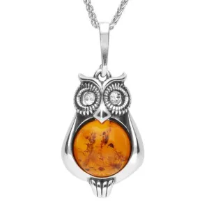 Sterling Silver Amber Cubic Zirconia Owl Necklace
