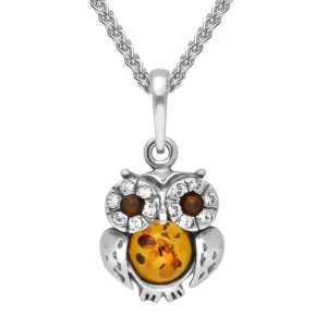 Sterling Silver Amber Cubic Zirconia Tiny Owl Necklace