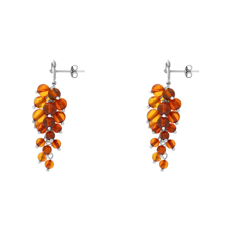 Sterling Silver Amber Flower Top Bead Drop Earrings