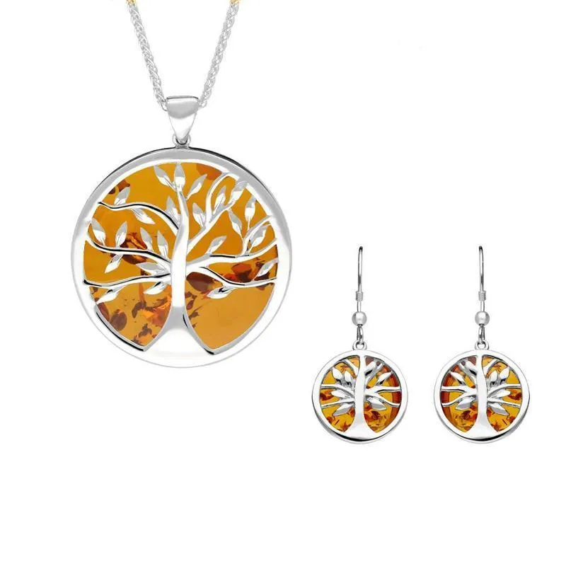Sterling Silver Amber Large Round Tree of Life Two Piece Set
