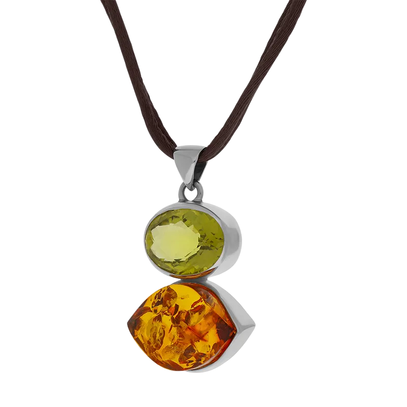 Sterling Silver Amber Lemon Citrine Oval Marquise Two Stone Drop Necklace