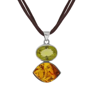 Sterling Silver Amber Lemon Citrine Oval Marquise Two Stone Drop Necklace