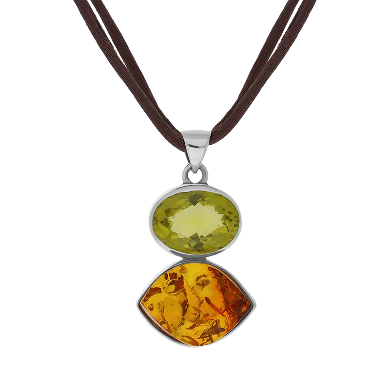 Sterling Silver Amber Lemon Citrine Oval Marquise Two Stone Drop Necklace