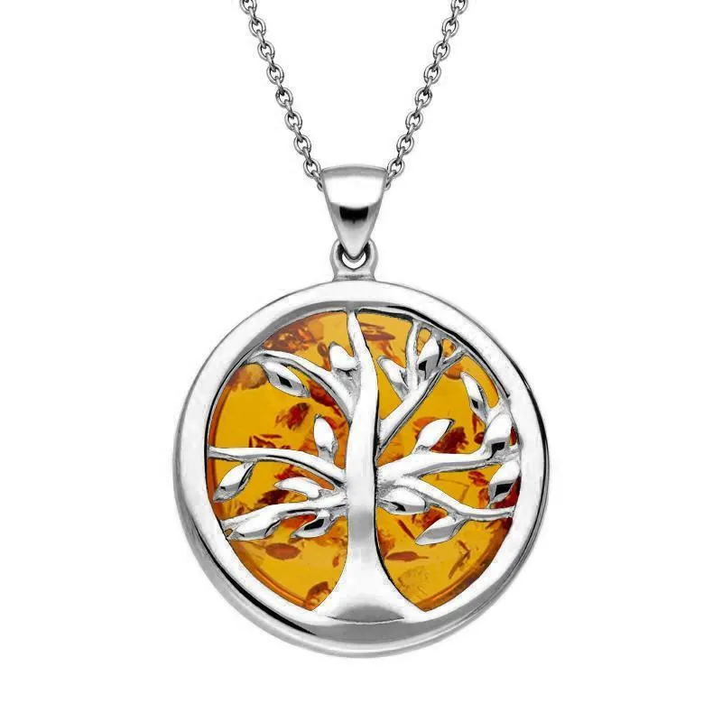 Sterling Silver Amber Medium Round Tree of Life Two Piece Set