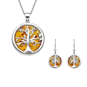 Sterling Silver Amber Medium Round Tree of Life Two Piece Set