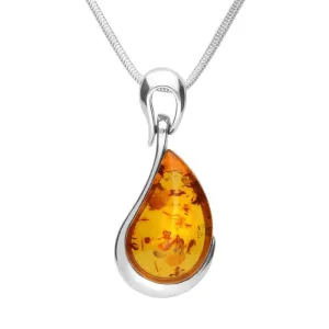 Sterling Silver Amber Organic Curved Pear Drop Necklace