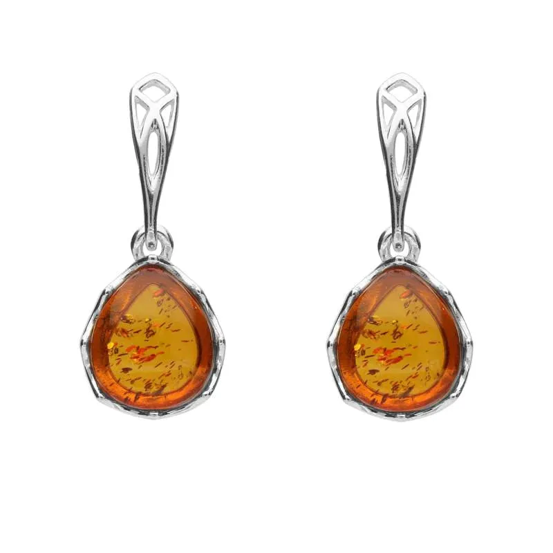Sterling Silver Amber Pierced Side Pear Drop Earrings