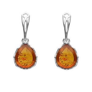 Sterling Silver Amber Pierced Side Pear Drop Earrings