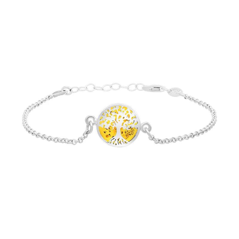 Sterling Silver Amber Round Tree of Life Chain Bracelet