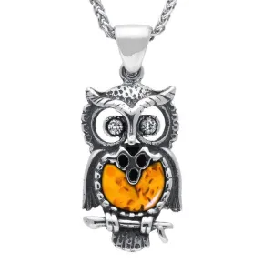 Sterling Silver Amber Small Owl Necklace