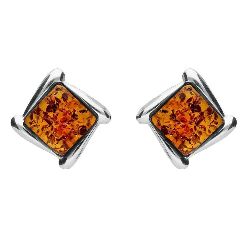 Sterling Silver Amber Square Wave Stud Earrings