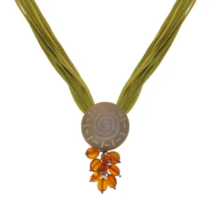 Sterling Silver Amber Sun Disc Green Silk Necklace D