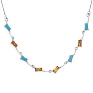 Sterling Silver Amber Turquoise Eight Stone Oblong Off Set Necklace D