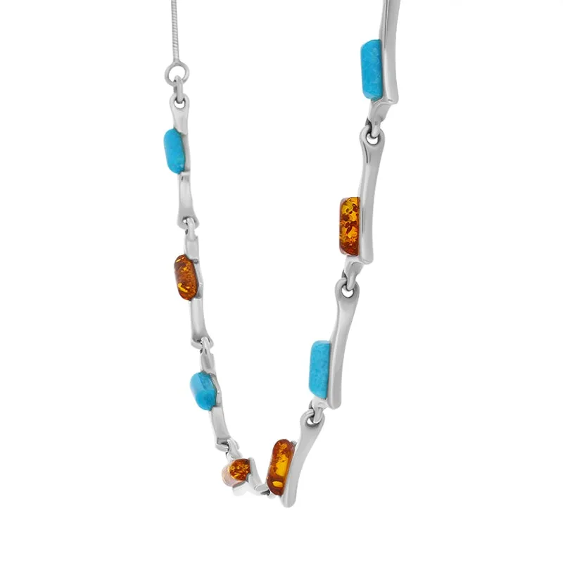Sterling Silver Amber Turquoise Eight Stone Oblong Off Set Necklace D