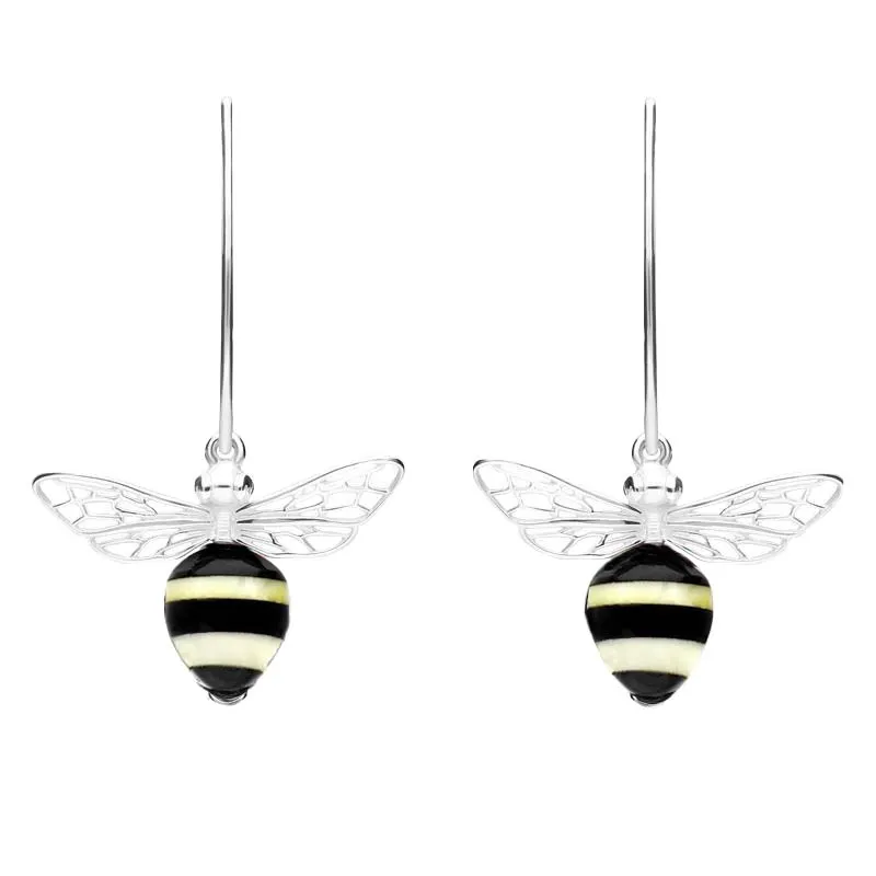 Sterling Silver Amber Whitby Jet Bee Small Hook Earrings