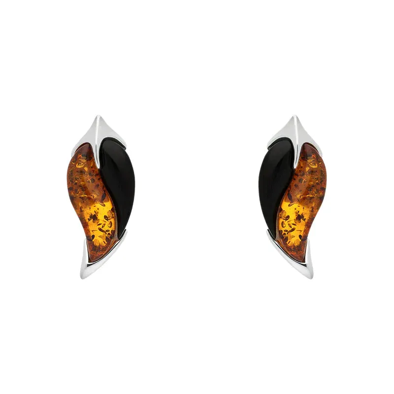 Sterling Silver Amber Whitby Jet Leaf Stud Earrings