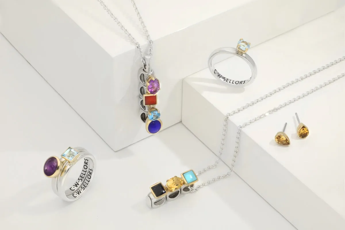 Sterling Silver Amethyst Whitby Jet Citrine Blue Goldstone Stepping Stones Five Charm Necklace