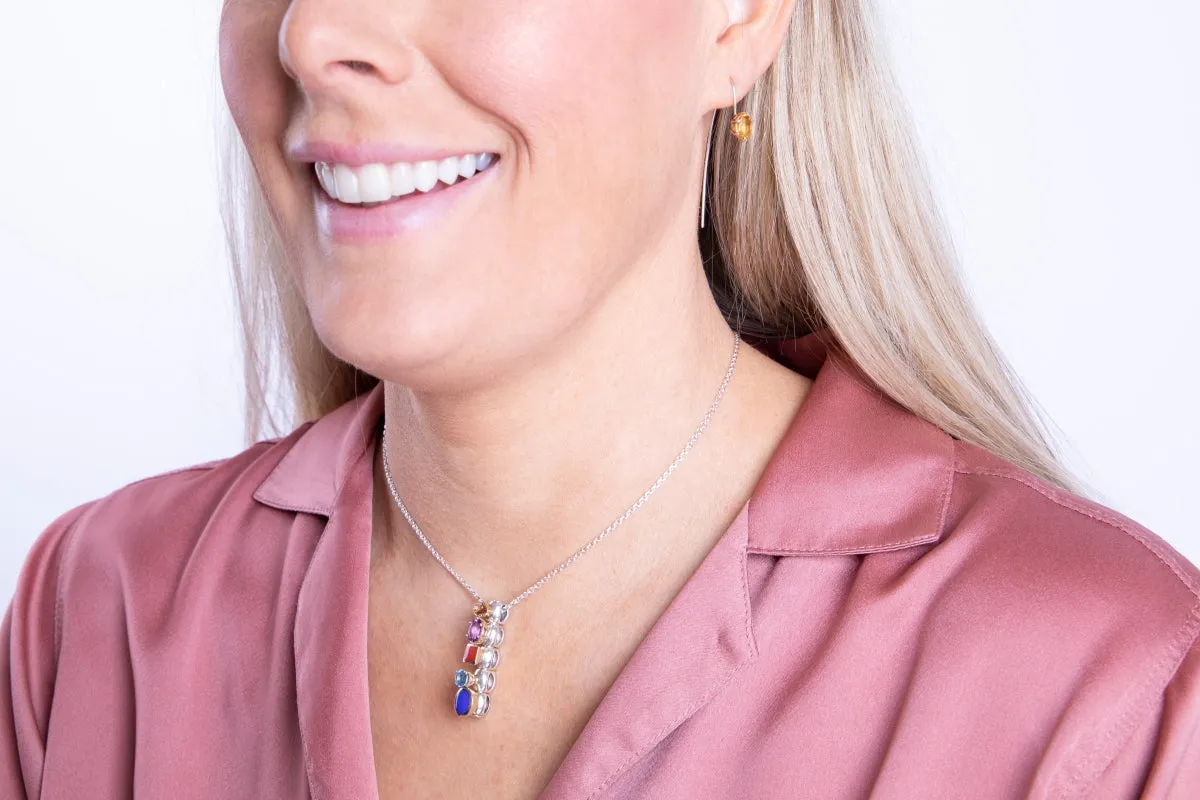 Sterling Silver Amethyst Whitby Jet Citrine Blue Goldstone Stepping Stones Five Charm Necklace