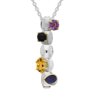 Sterling Silver Amethyst Whitby Jet Citrine Blue Goldstone Stepping Stones Five Charm Necklace
