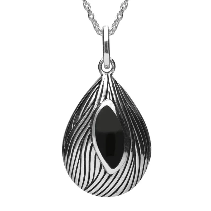 Sterling Silver And Whitby Jet Marquise Wave Wood Effect Necklace