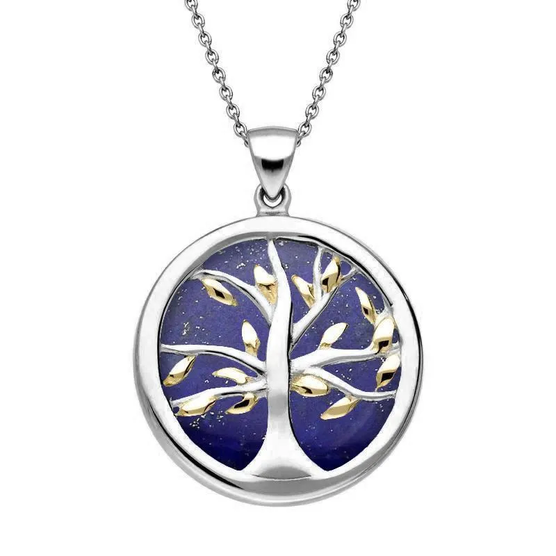 Sterling Silver and Yellow Gold Plated Lapis Lazuli Medium Round Tree of Life Necklace