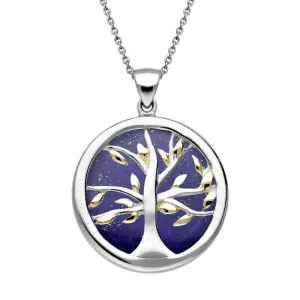 Sterling Silver and Yellow Gold Plated Lapis Lazuli Medium Round Tree of Life Necklace