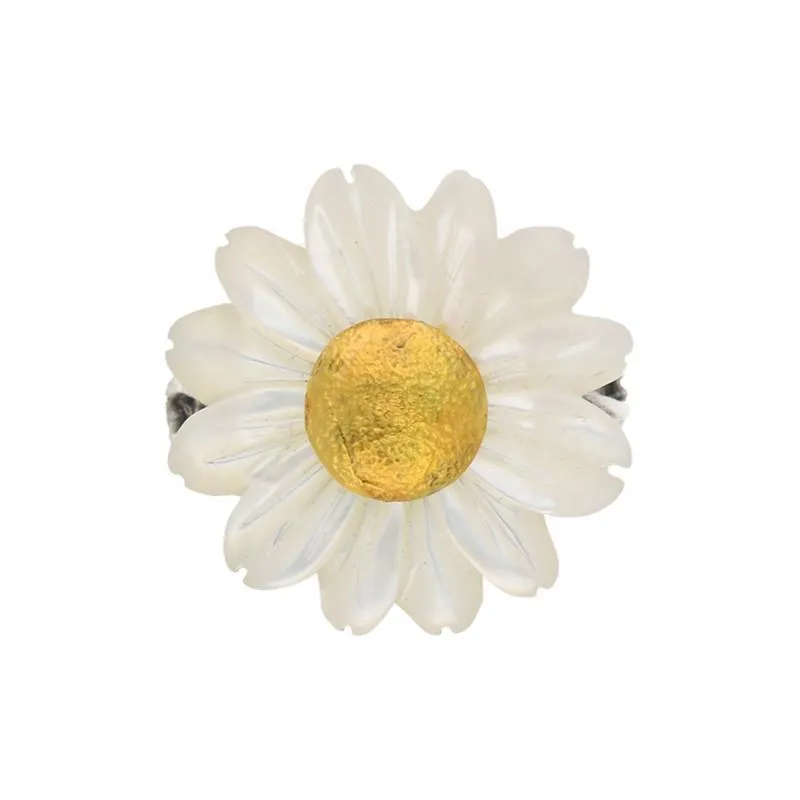 Sterling Silver and Yellow Gold White Mother Of Pearl Tuberose 16mm Daisy Ring