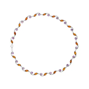 Sterling Silver Baltic Amber Amethyst Marquise and Round Link Necklace D