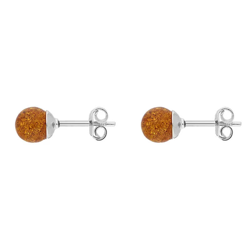 Sterling Silver Baltic Amber Orange 7mm Ball Stud Earrings