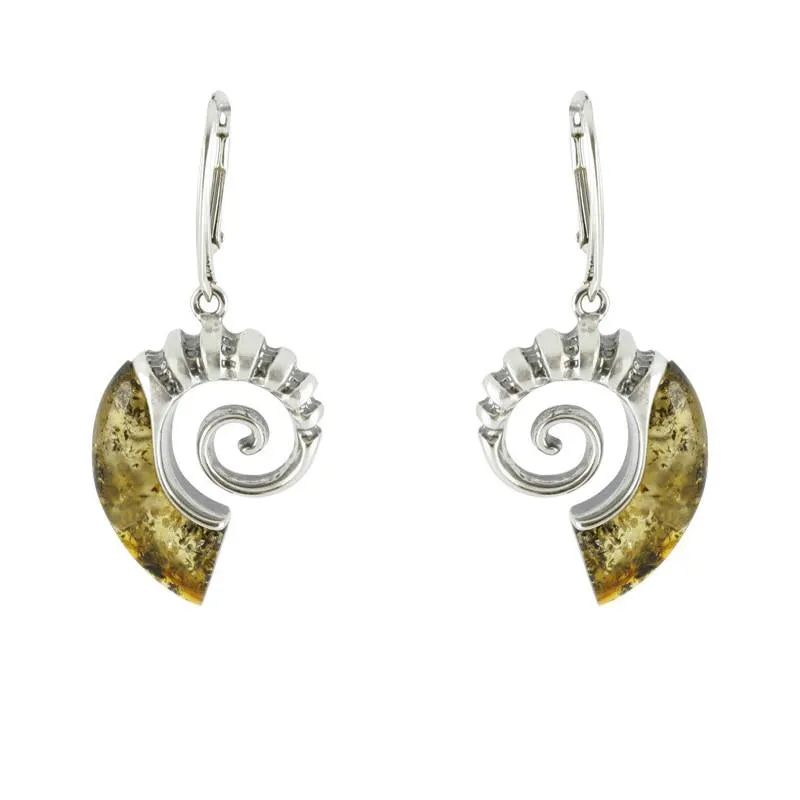 Sterling Silver Baltic Amber Shell Drop Earrings