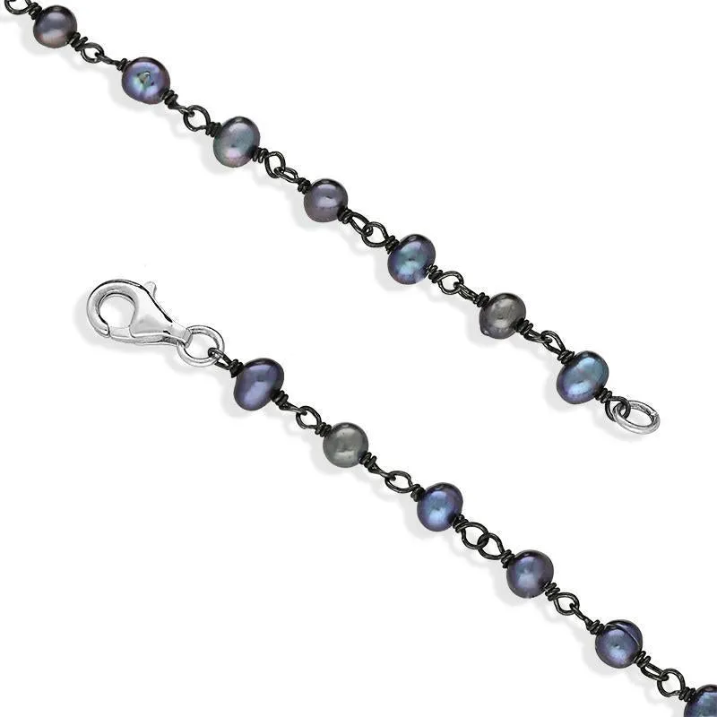 Sterling Silver Black Pearl Bead Chain Link Necklace