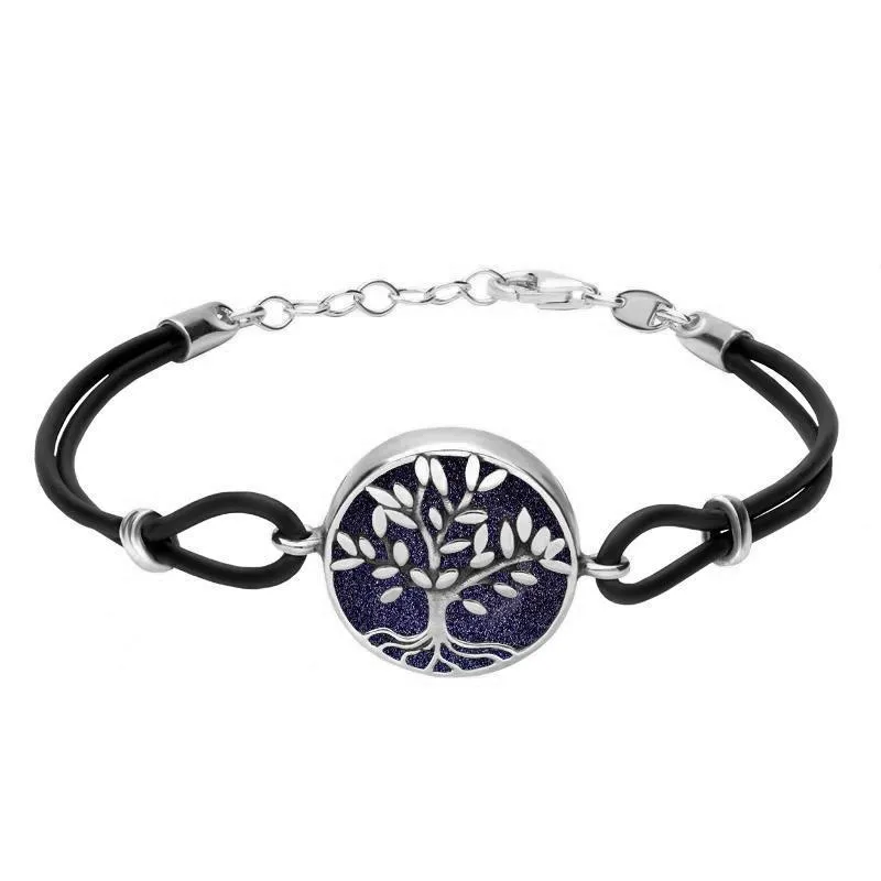 Sterling Silver Blue Goldstone Cord Round Large Leaves Tree Of Life Bracelet