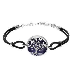Sterling Silver Blue Goldstone Cord Round Large Leaves Tree Of Life Bracelet