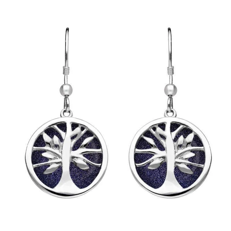 Sterling Silver Blue Goldstone Round Tree of Life Drop Earrings