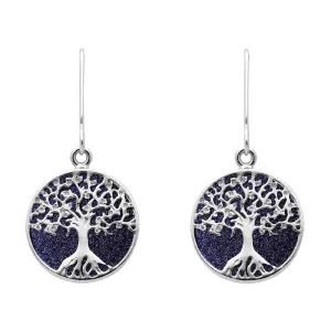 Sterling Silver Blue Goldstone Round Tree of Life Drop Earrings