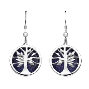Sterling Silver Blue Goldstone Round Tree of Life Drop Earrings