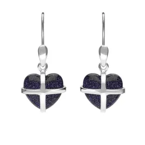 Sterling Silver Blue Goldstone Small Cross Heart Drop Earrings