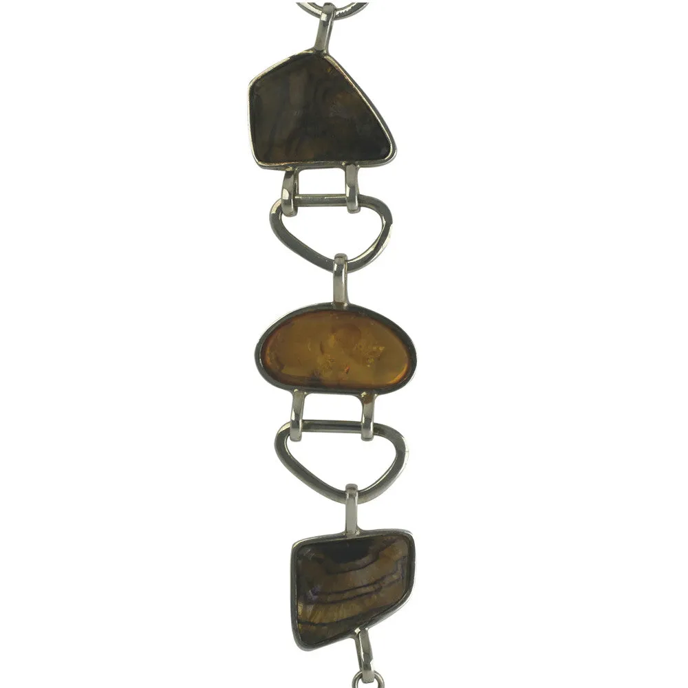 Sterling Silver Blue John Amber Three Stone Link Bracelet