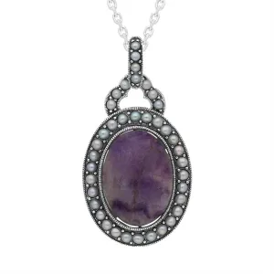 Sterling Silver Blue John Freshwater Pearl Edged Oval Necklace