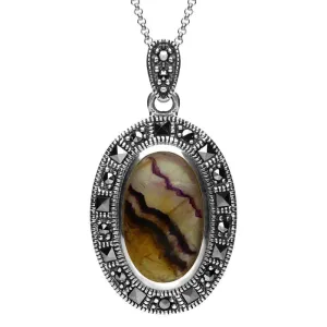 Sterling Silver Blue John Marcasite Beaded Edge Necklace