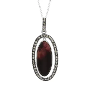 Sterling Silver Blue John Marcasite Double Oval Dangle Necklace