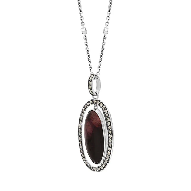 Sterling Silver Blue John Marcasite Double Oval Dangle Necklace