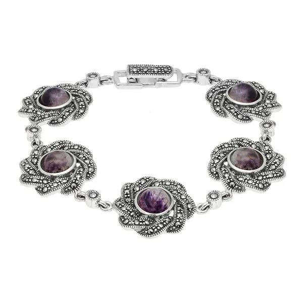Sterling Silver Blue John Marcasite Flower link Bracelet