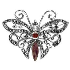 Sterling Silver Blue John Marcasite Garnet Pearl Style & Fashion Butterfly Brooch