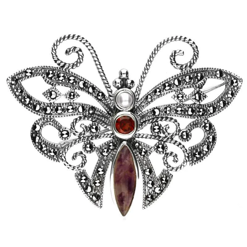 Sterling Silver Blue John Marcasite Garnet Pearl Style & Fashion Butterfly Brooch