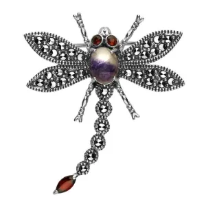 Sterling Silver Blue John Marcasite Garnet Style & Fashion Dragonfly Brooch